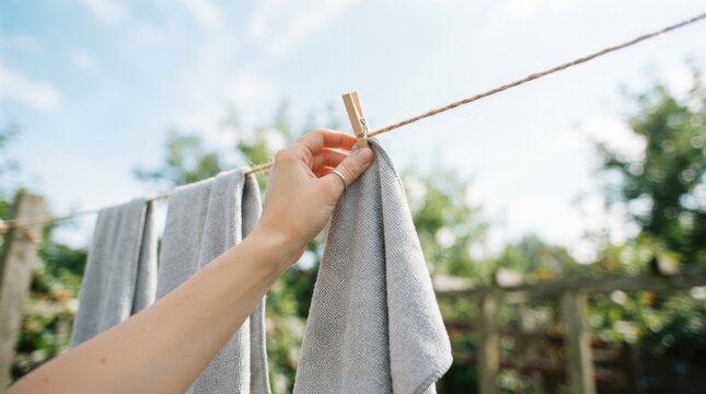 Woman hanging grey clothes with wooden clothespins on a laundry line outdoors in the garden