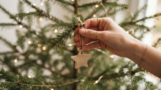 Woman hanging wooden star ornament on Christmas tree for holiday decoration and festive tradition