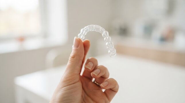 Woman holding a clear dental aligner representing invisible orthodontic treatment and dental care