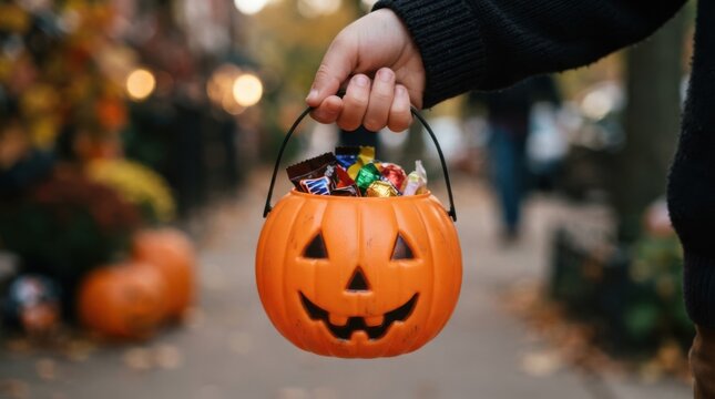 Child holding an orange jack-o-lantern candy bucket filled with sweets for trick or treating on Halloween