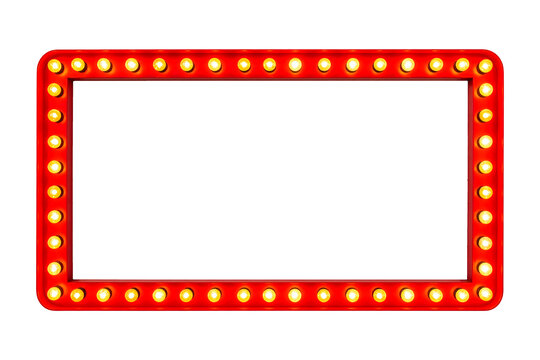 Retro rectangular marquee light sign frame with a glowing red border and illuminated bulbs, vintage cinema-style display, isolated on transparent background for versatile use.