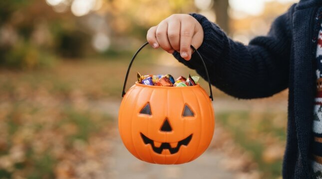 Child holding an orange jackolantern bucket full of candy for trick or treating on Halloween