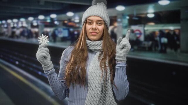 Woman brunette in winter clothes holds a decorative snowflake in a gloved hand and points finger up on a train platform inside a station building; curiosity winter moment.