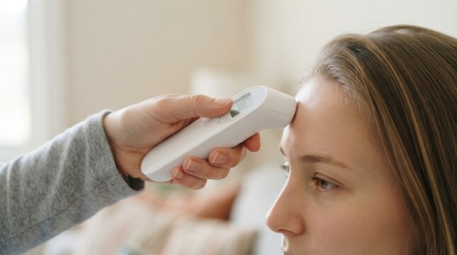 Young woman having her temperature measured with a digital infrared forehead thermometer