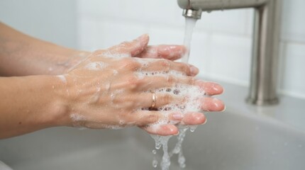 Fototapeta premium Young woman washing her hands with soap and water under faucet in bathroom sink to maintain hygiene and health