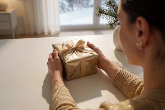 Woman carefully admiring a personalized holiday Christmas gift wrapped in metallic paper on a bright table.