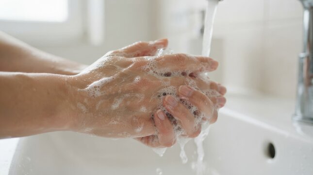 Close up of an adult woman washing her hands with soap and water in a bathroom sink to maintain hygiene