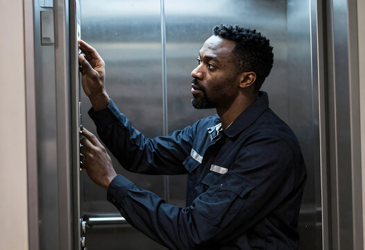 African american man in work uniform pressing elevator buttons, maintenance and service industry