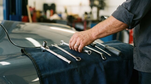 Mechanic man organizing tools on a car fender in an auto repair shop