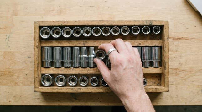 Man picking socket wrench from wooden organizer box in garage workshop representing mechanical repair work and DIY projects