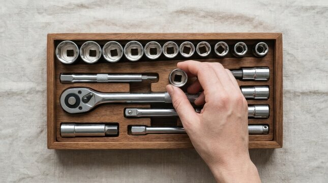 A hand picking up a metal socket from a complete socket wrench set inside a wooden box