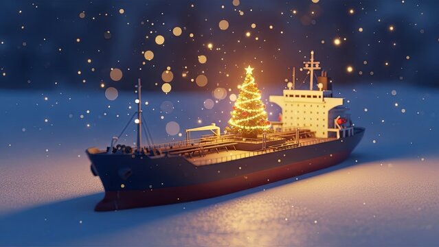 A cargo ship adorned with a Christmas tree during snowfall. Holiday season at sea concept, perfect for greeting card.