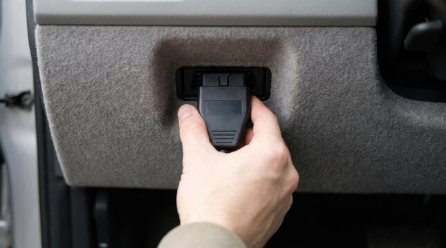 Mechanic plugging OBD2 scanner diagnostic tool into car dashboard port for troubleshooting engine issues