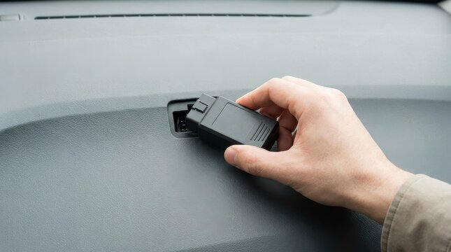 Man plugging OBD2 scanner diagnostic tool into car dashboard port for vehicle health check