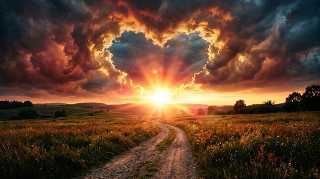 Dramatic heart shaped cloud formation illuminates golden sunset over winding country road through grassy fields with captures dramatic sunset clouds forming heart shape agriculture destination path