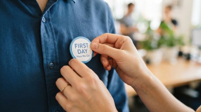 Unrecognizable woman pinning a First Day button on a male coworker shirt in office