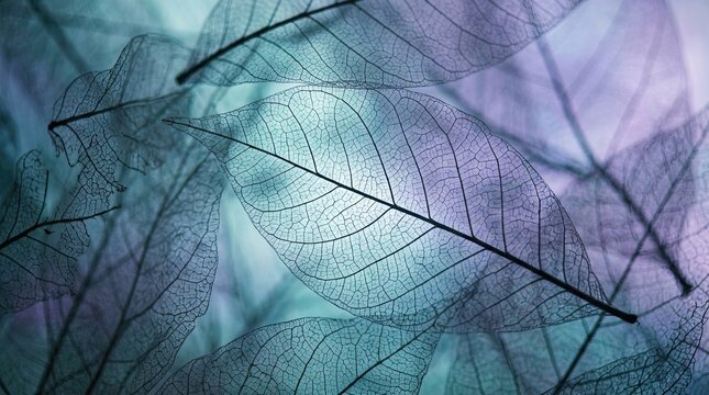 Close up macro view of translucent skeletonized leaves with intricate veining bathed in soft ethereal blue with veins forming intricate patterns against soft diffused backdrop blue purple background