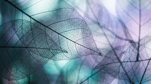 Delicate skeletonized leaves with intricate veins in soft teal with bathed ethereal teal purple light showcases translucent skeletonized complex vein structures leaves visible close up background