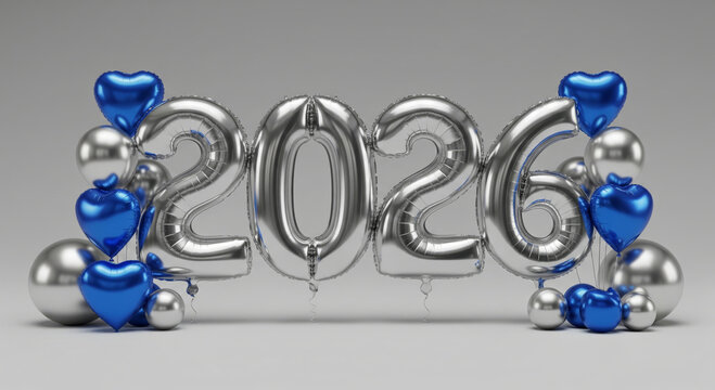 Festive New Year 2026 celebration background featuring large metallic silver foil balloons displaying the year numbers surrounded by an arrangement