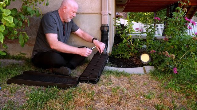 Senior bald man installing a exterior downspout drainage system on his home