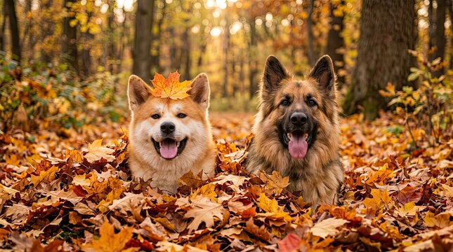 Happy dogs playing in autumn leaves forest with two dogs sitting leaves within dog breed friendship domestic outdoor nature season yellow orange canine mammal animal brown puppy fauna with fall, leaf