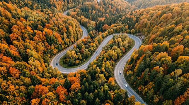 Winding mountain road through autumn forest with vibrant orange with aerial view captures serpentine road carving through dense forest ablaze warm hues autumn foliage few cars visible environment