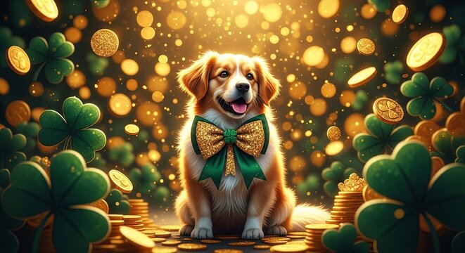 Cute dog wearing green and gold bow, surrounded by clovers and coins. St. Patrick Day festive atmosphere for greeting card.