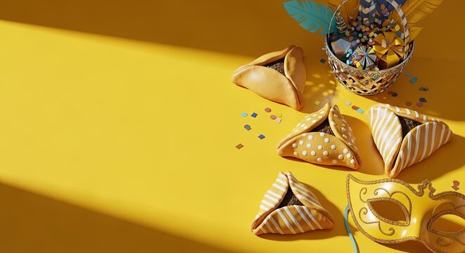 Traditional Hamantaschen cookies with a festive mask and basket with gifts for Purim holiday celebration dessert.