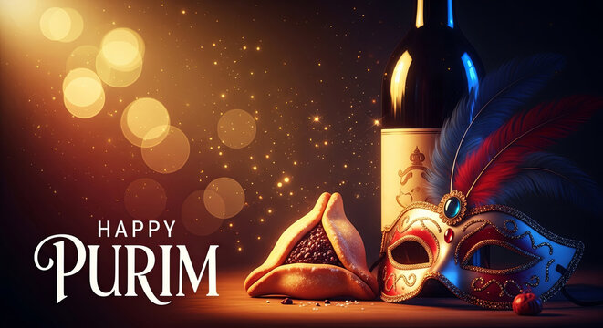 Happy Purim celebration with hamantaschen, masquerade mask, and wine bottle. Jewish holiday greeting with festive symbols.
