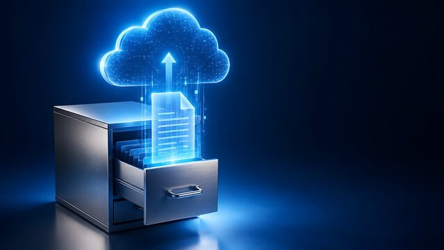 Glowing digital document uploading from a physical file cabinet into a neon cloud symbolizing secure online backup and digital transformation.