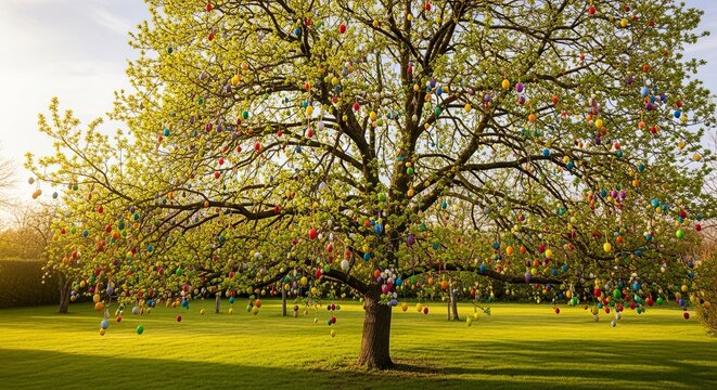 Tree decorated with colorful easter eggs hanging from branches in sunny grassy field. Spring renewal and easter holiday celebration symbolizing joy and new beginnings in nature