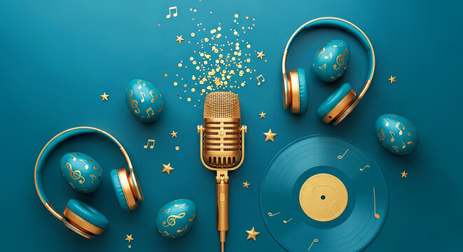 Teal easter eggs arranged with headphones microphone and vinyl record. Musical easter spring celebration. Festive holiday music theme with decorative elements