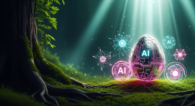 Glowing easter egg with ai circuit board design in enchanted mossy forest. Futuristic artificial intelligence integration with natural spring elements. Digital technology concept for innovative