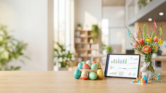 Colorful easter eggs and spring flowers on wooden table with tablet displaying financial charts. Easter holiday decoration meets business data visualization for seasonal productivity concept