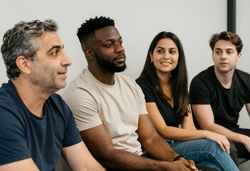 Obraz premium Diverse group of business professionals listening attentively in a casual meeting or training session, collaboration and teamwork