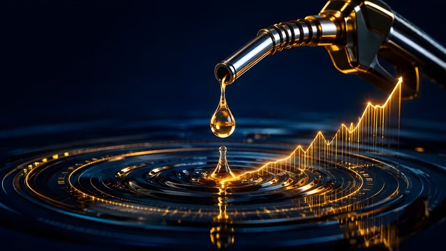 Golden oil drop from a gas pump creating ripples with a glowing upward trend line graph symbolizing rising energy costs and fuel market growth.