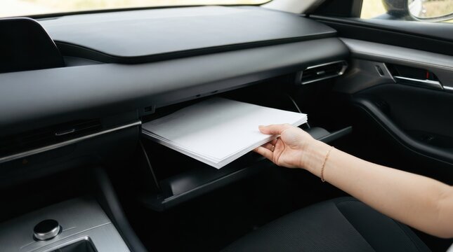 Woman retrieving documents and paperwork from the glove compartment of her car for organization
