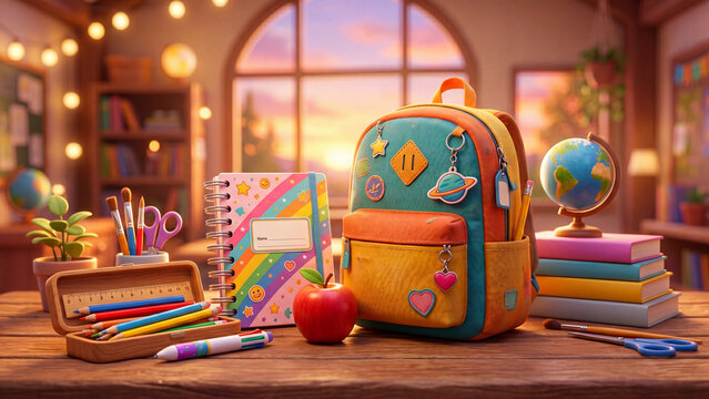 Colorful school backpack with supplies on wooden desk. Globe notebook pencils and apple in classroom setting. Back to school essentials for education and learning start