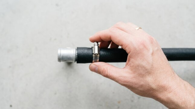 Man securing a metal hose clamp on a black rubber pipe with fitting for plumbing and automotive repair