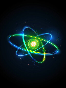 Glowing Atom with Blue and Green Electron Orbits and Energy Core on Black Background