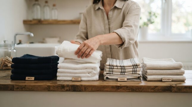 Woman folding and organizing clean laundry and towels at home, household chores concept