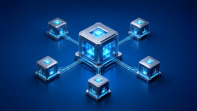 Futuristic 3D metallic cubes connected by glowing data lines representing blockchain technology decentralized network and cloud server architecture.