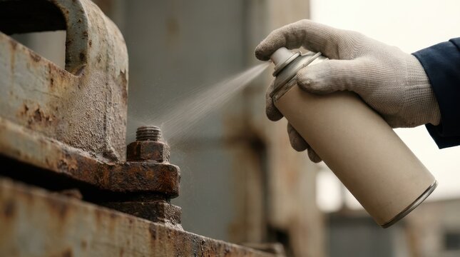Applying rust penetrating spray lubricant to a rusty metal bolt and nut on heavy industrial machinery