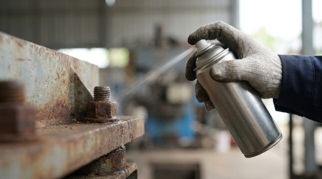 Worker using penetrating oil spray to loosen a rusted bolt and nut on heavy machinery in a workshop