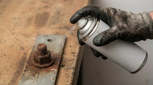 Mechanic spraying rust penetrant on a corroded bolt and nut on a metal plate in a workshop