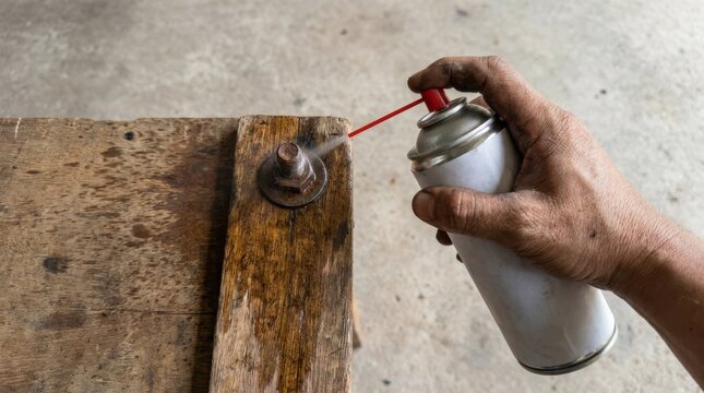 Lubricating a rusted metal bolt with penetrating oil spray for mechanical maintenance