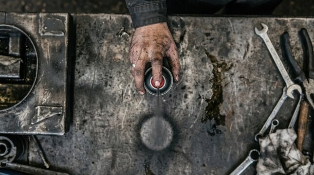 Dirty mechanic hand spraying lubricant or paint from an aerosol can onto a metal workbench with tools