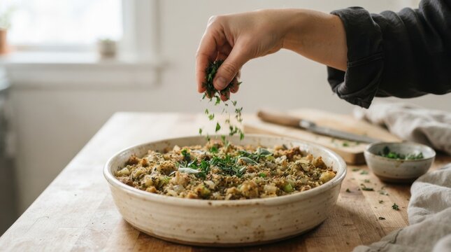 Woman garnishing homemade stuffing with fresh herbs in a ceramic baking dish on a wooden kitchen table