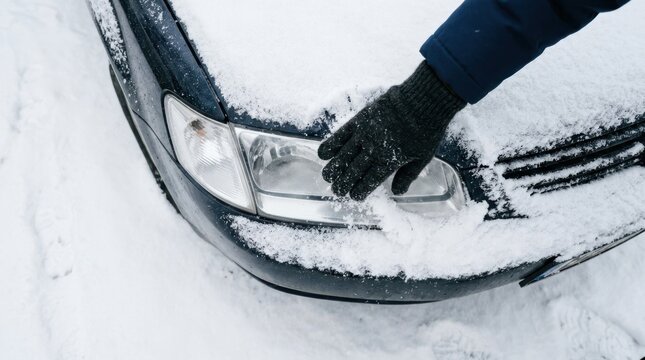 Gloved hand cleaning snow from a car headlight on a cold winter day representing winter car maintenance and preparation