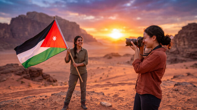 Woman holding flag of Jordan in desert while female photographer takes picture. Celebration of Independence Day. Female traveler exploring nature at sunset. Patriotic travel trip concept